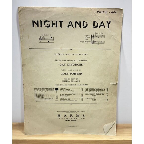 Night and Day Vintage Piano Sheet Music from Gay Divorcee Cole Porter 40s - Picture 1 of 6